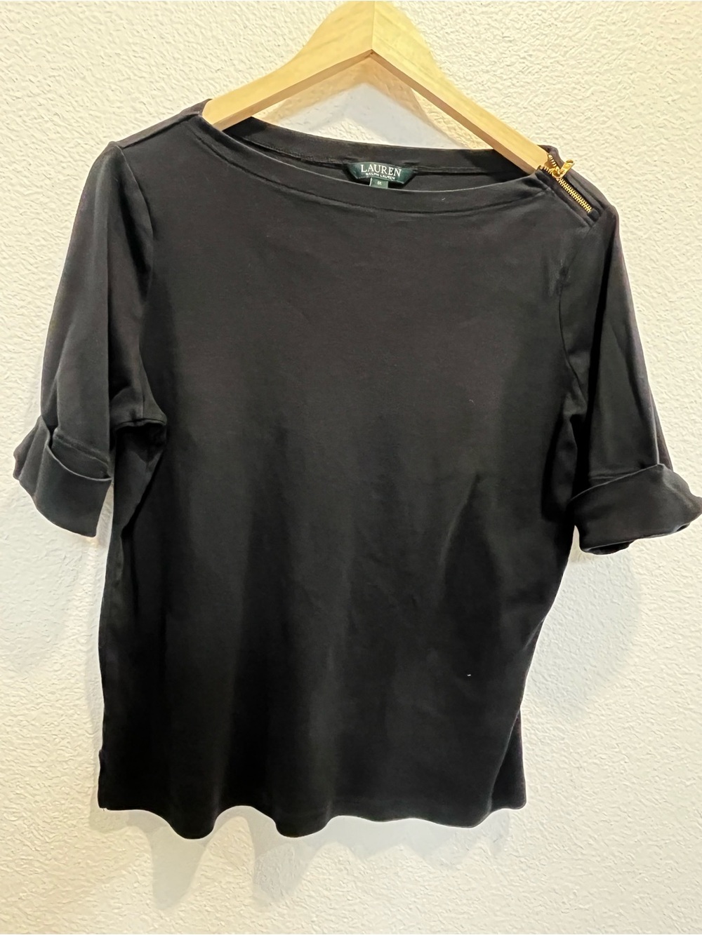 Ralph Lauren Black Short-Sleeve Boatneck Top with Shoulder Zip